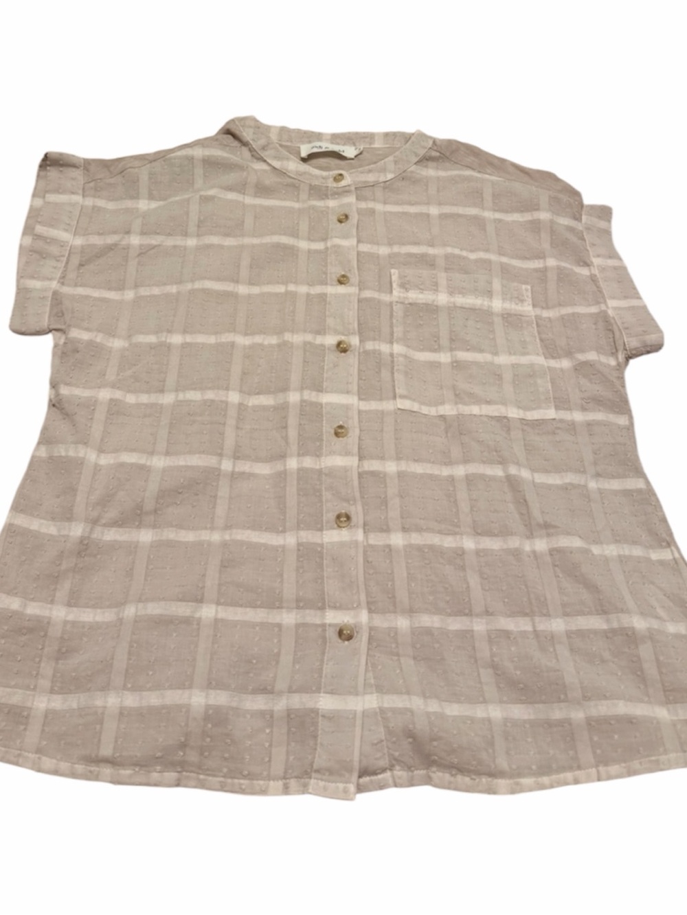 Indi & Cold Button-Front Lightweight Check Blouse in Light Taupe